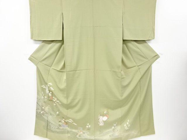 未使用品　破れ色紙に鶴・草花模様刺繍色留袖